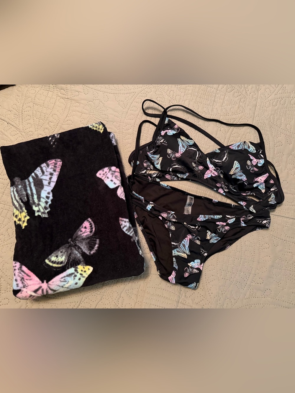 PINK Victoria's Secret Black Bikini with Pastel Butterfly Print & Towel